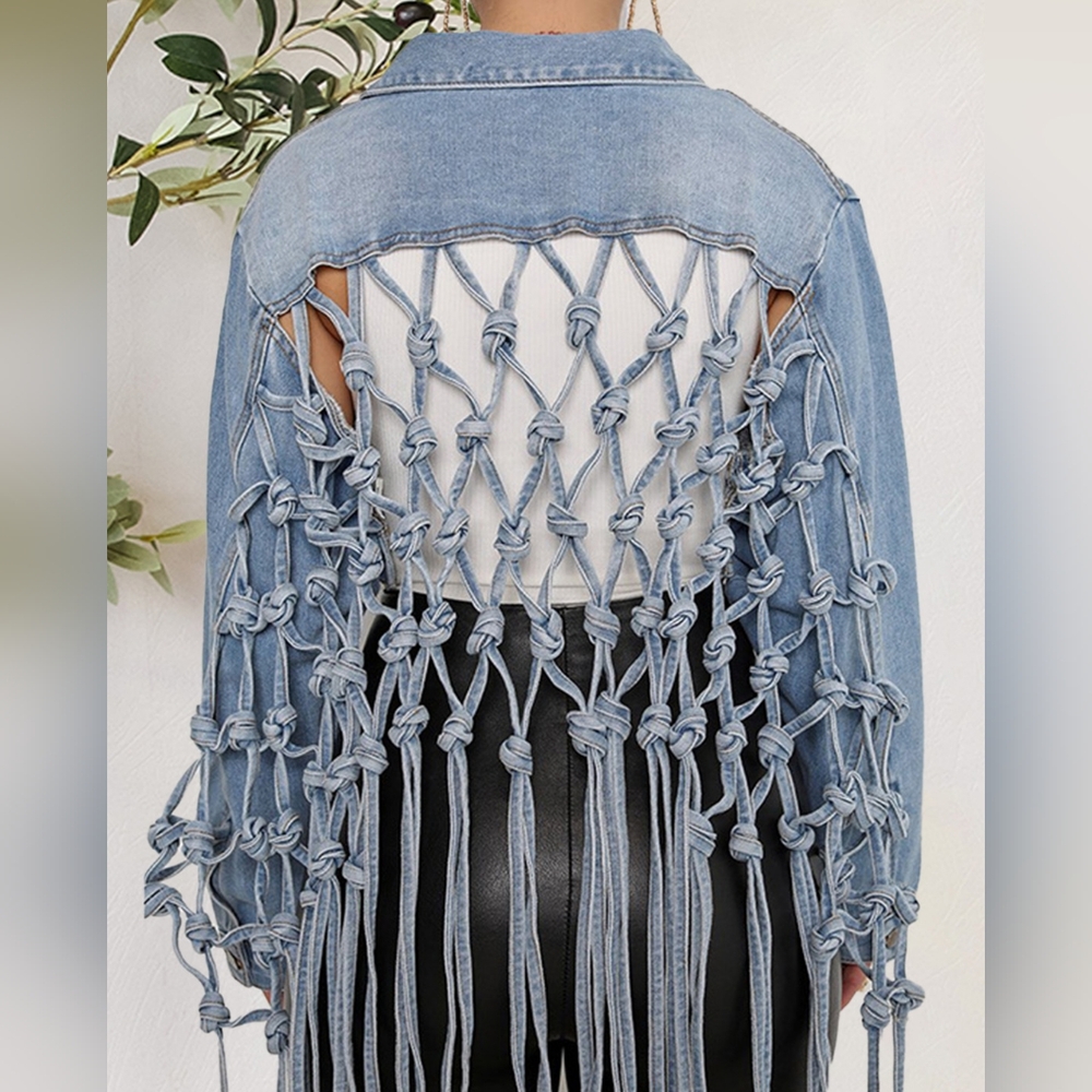 Tie Detail Button Up Denim Jacket with Pockets - Picture 1 of 4